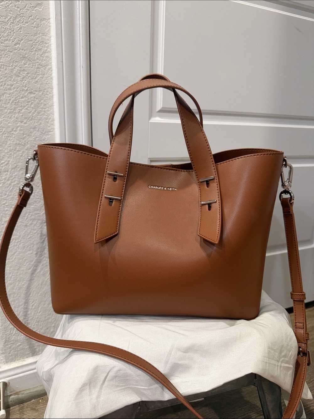 Charles & Keith Shania Tote Crossbody Bag Brown & silver hardware